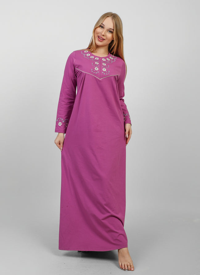 Embroidered Floral Long Nightgown — Magenta