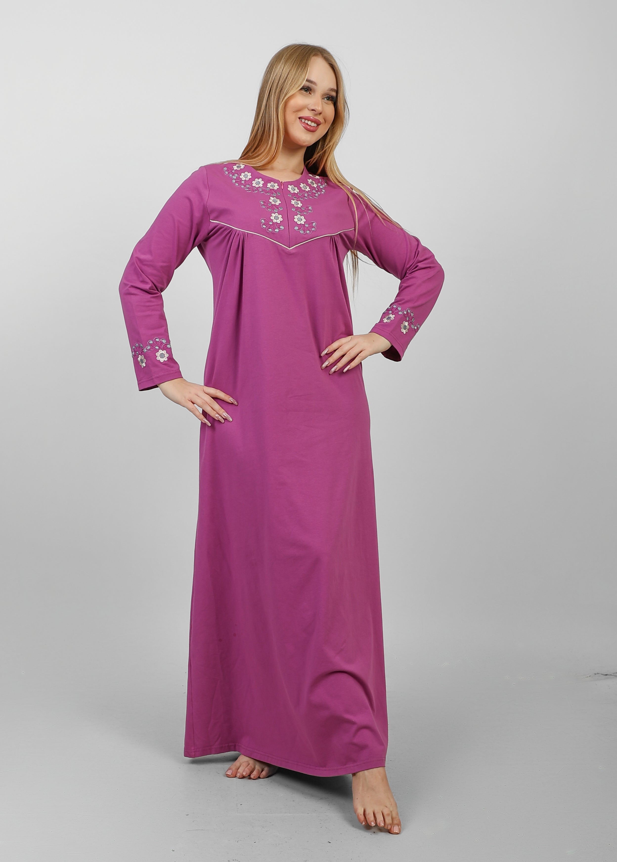 Embroidered Floral Long Nightgown — Magenta