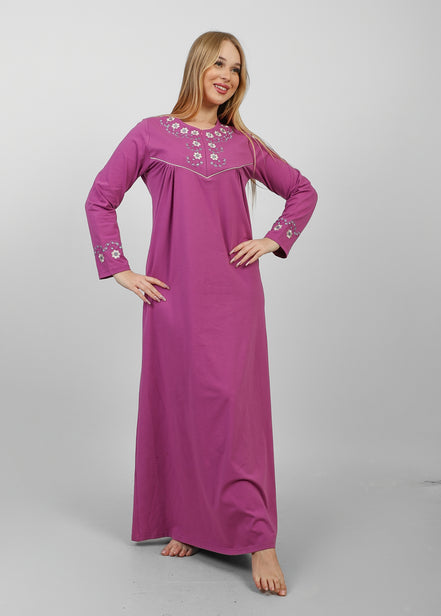Embroidered Floral Long Nightgown — Magenta
