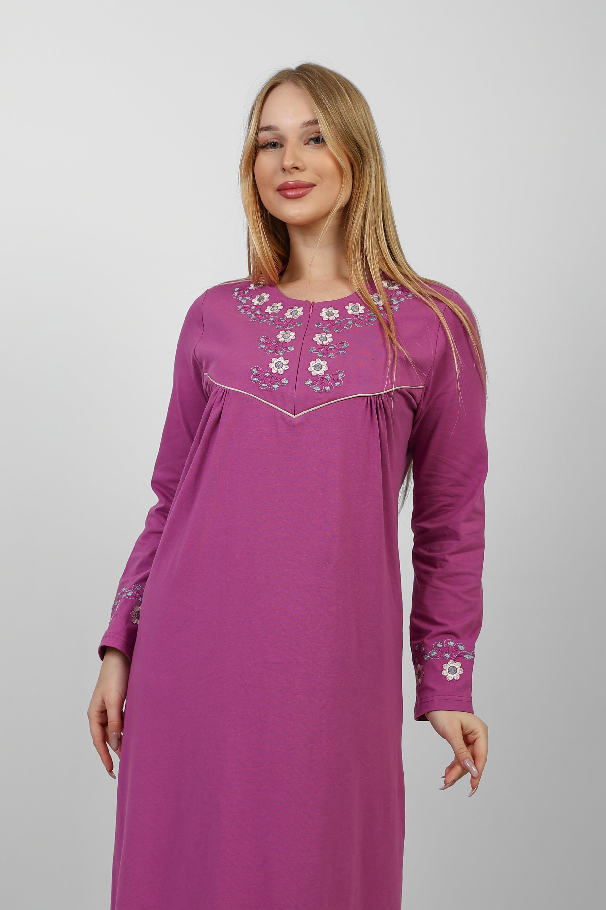 Embroidered Floral Long Nightgown — Magenta