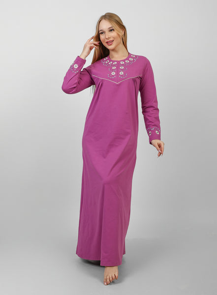 Embroidered Floral Long Nightgown — Magenta