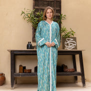 Satin Kaftan — Teal Blue with White Trim