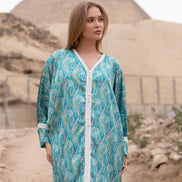 Satin Kaftan — Teal Blue with White Trim