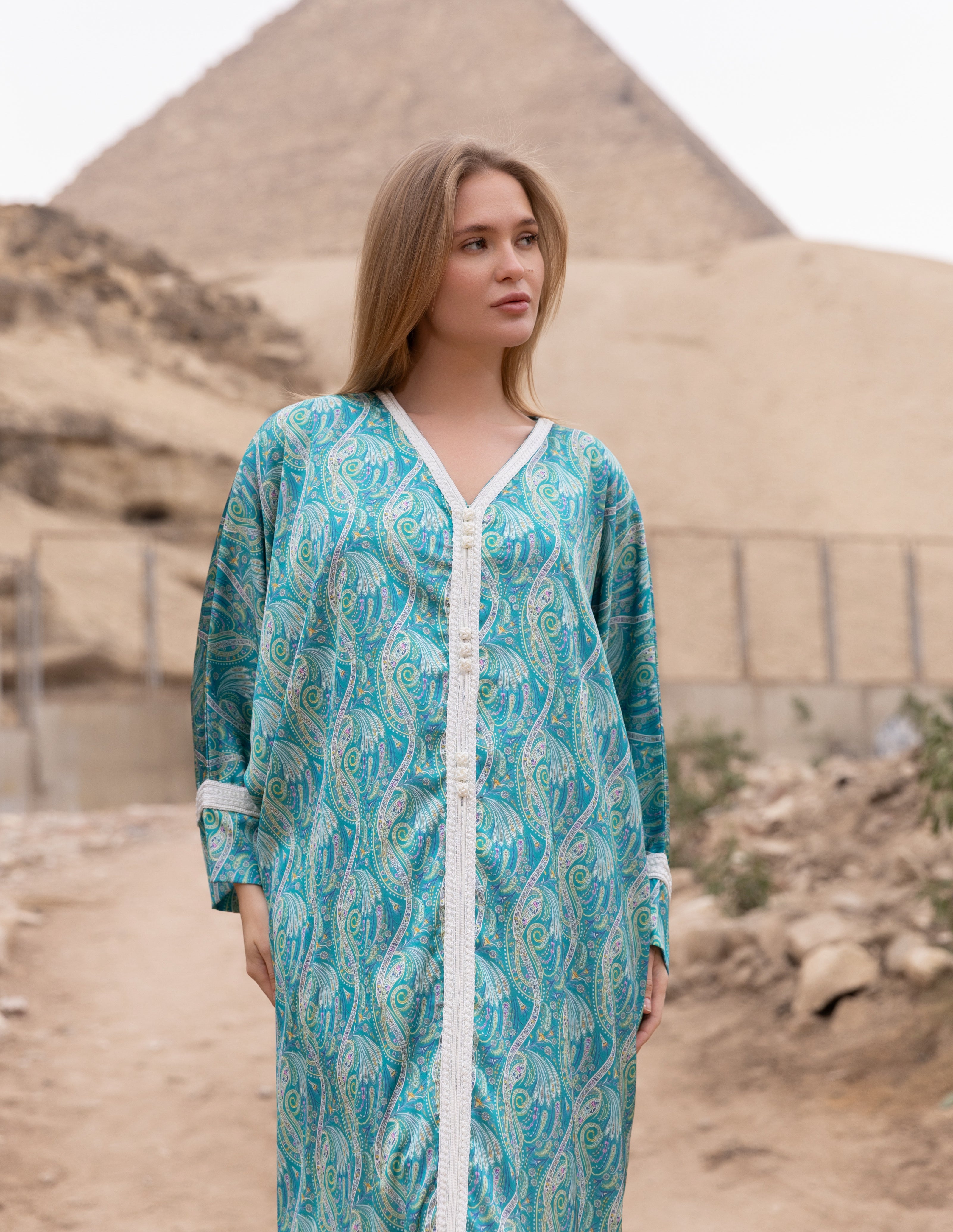 Satin Kaftan — Teal Blue with White Trim