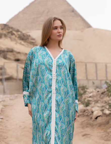 Satin Kaftan — Teal Blue with White Trim