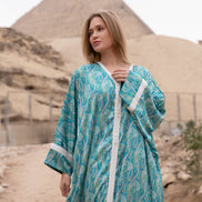 Satin Kaftan — Teal Blue with White Trim