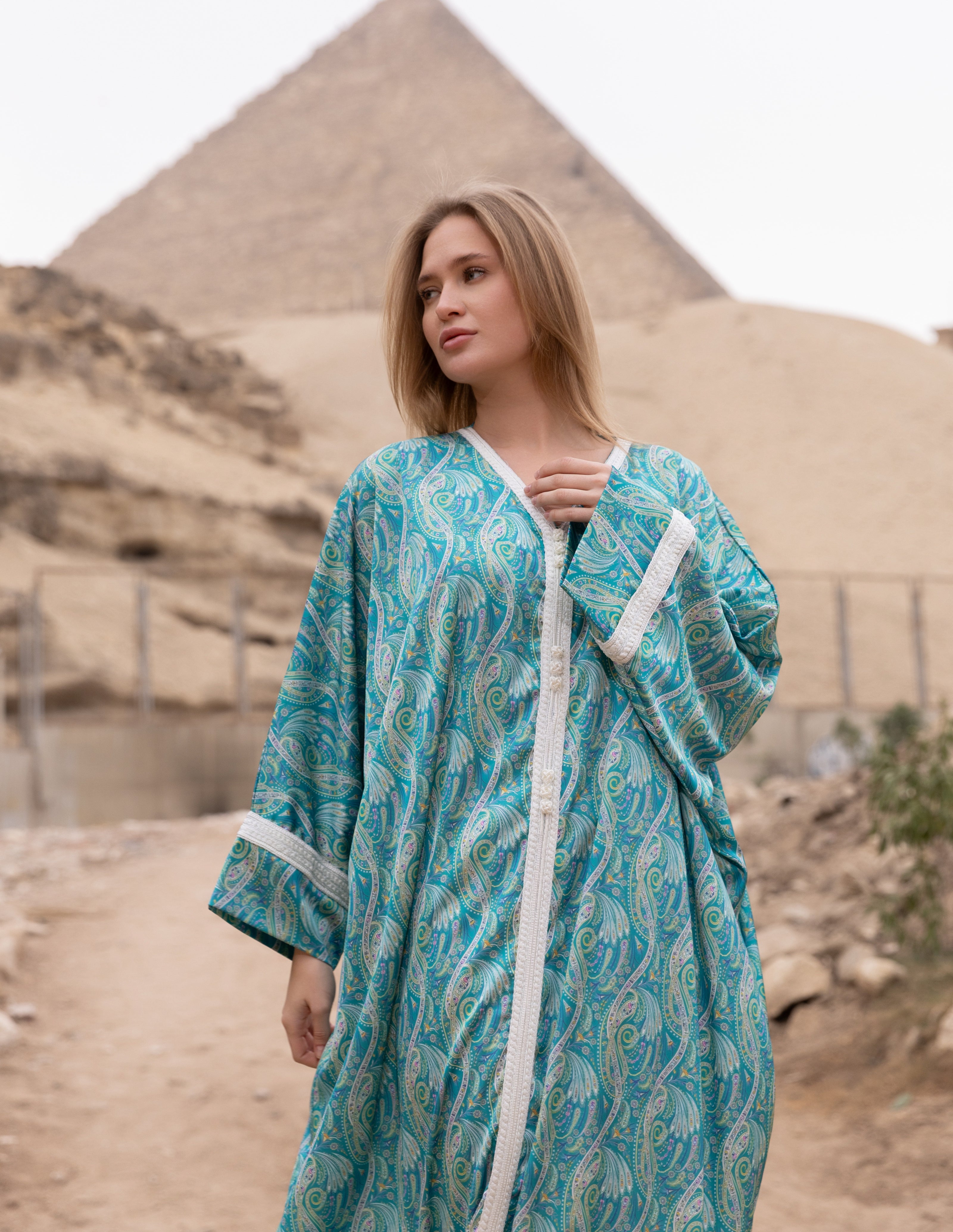 Satin Kaftan — Teal Blue with White Trim