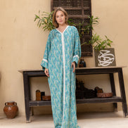 Satin Kaftan — Teal Blue with White Trim