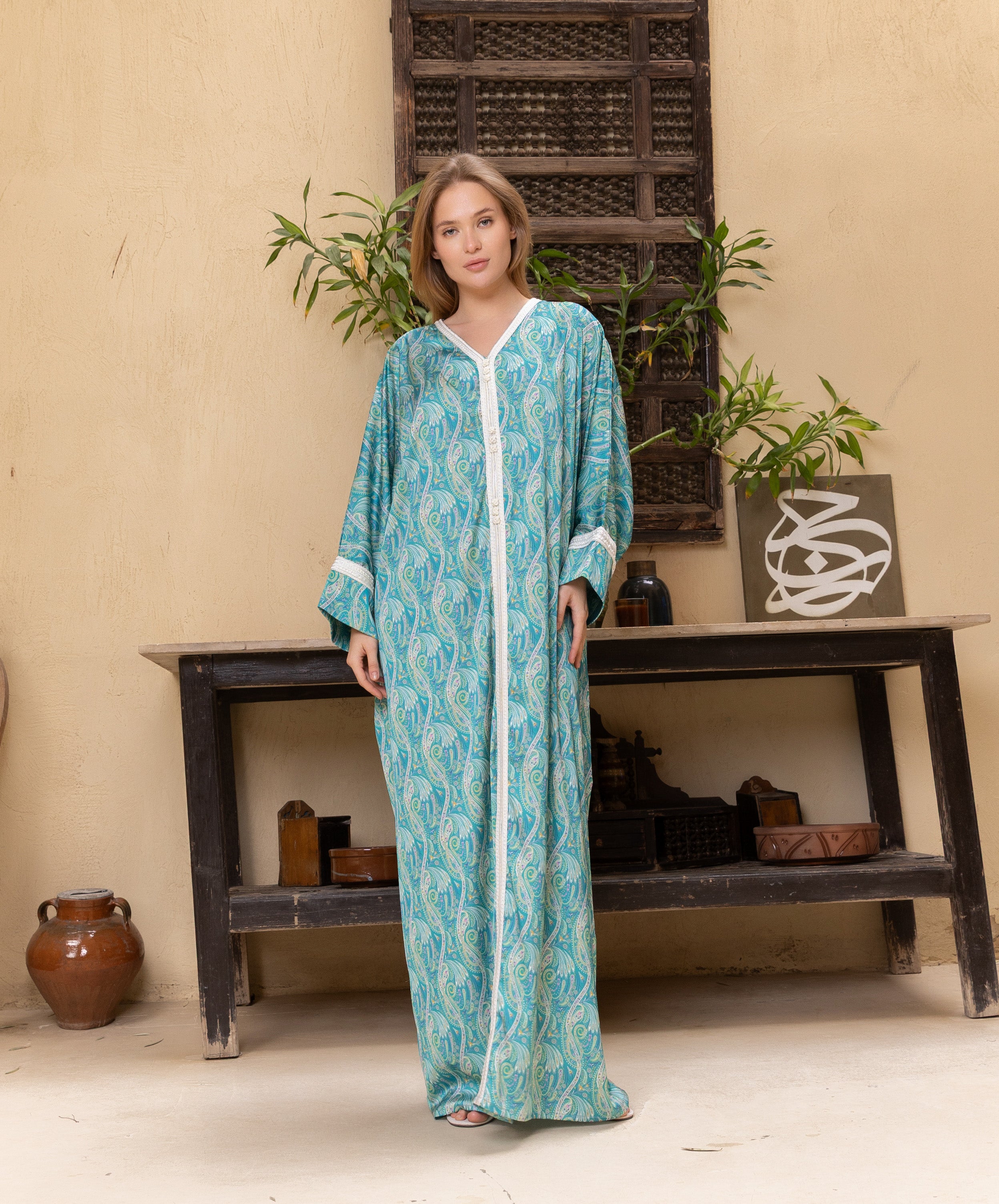 Satin Kaftan — Teal Blue with White Trim