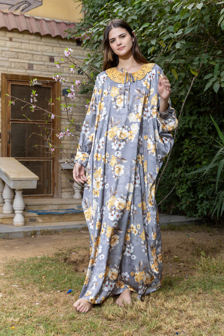 Satin Floral Kaftan — Floral Grey & Yellow