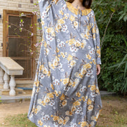 Satin Floral Kaftan — Floral Grey & Yellow