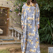 Satin Floral Kaftan — Floral Grey & Yellow