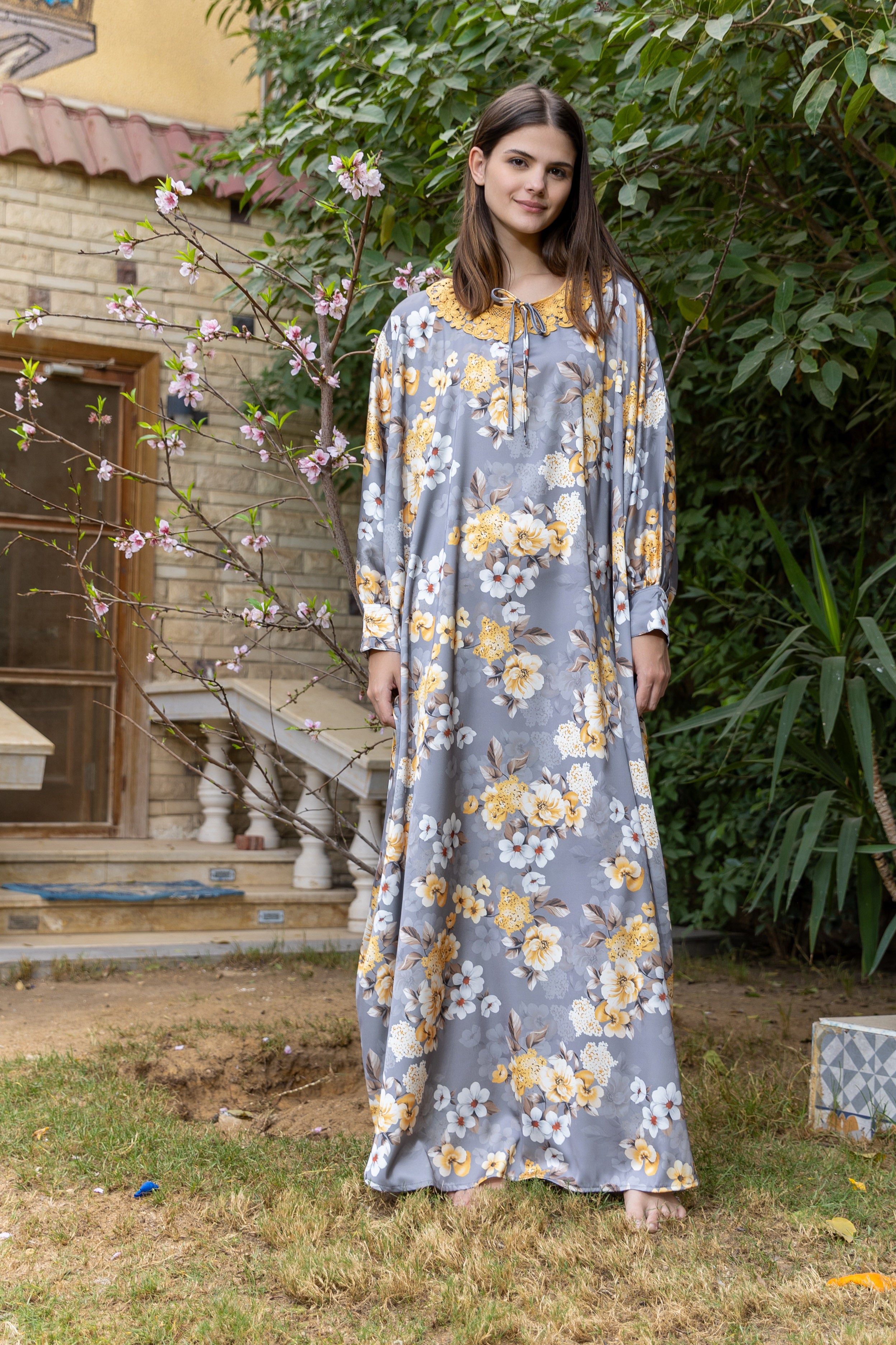 Satin Floral Kaftan — Floral Grey & Yellow