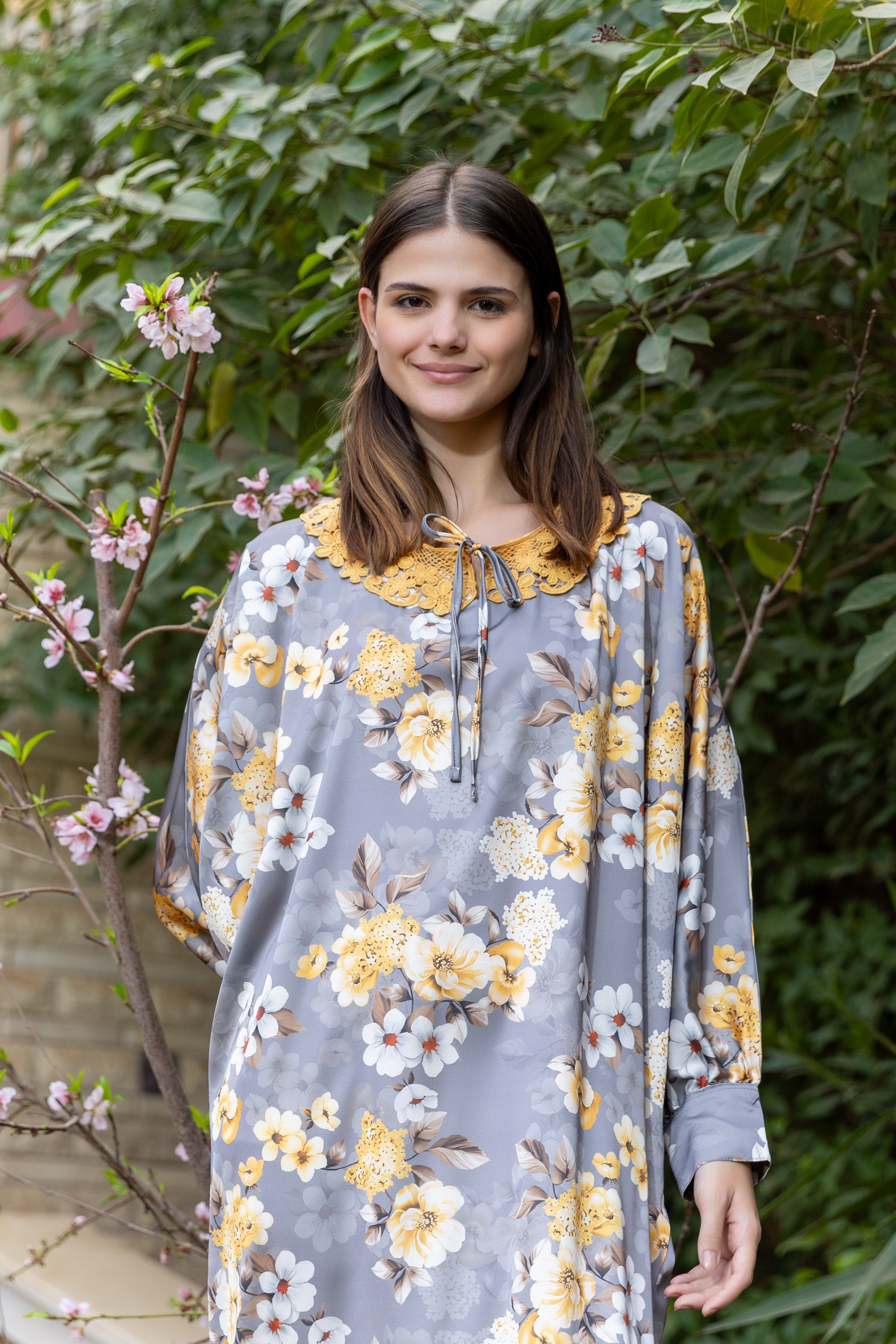Satin Floral Kaftan — Floral Grey & Yellow