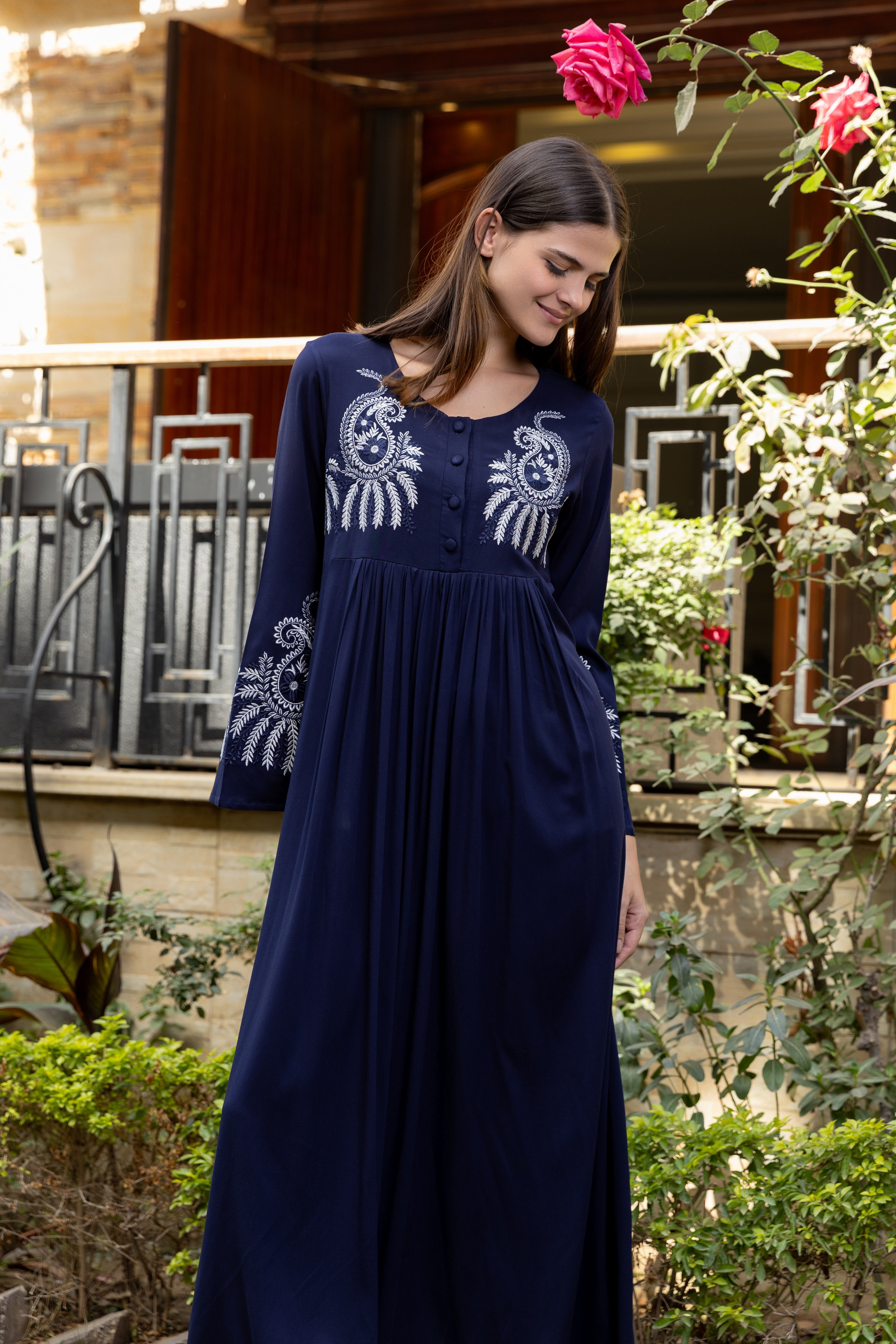 Embroidered Maxi Dress — Navy