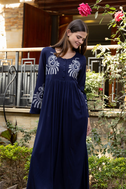 Embroidered Maxi Dress — Navy
