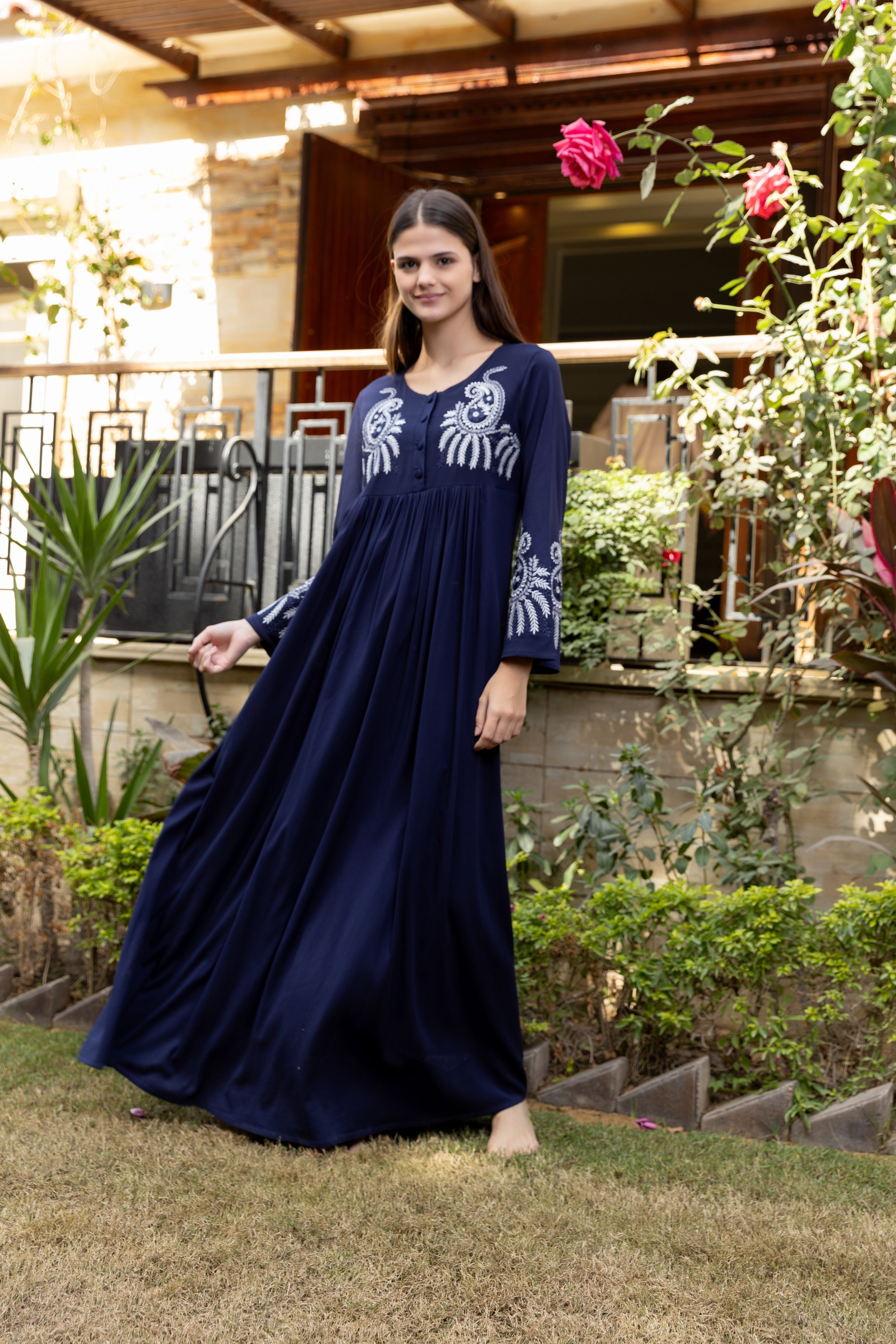 Embroidered Maxi Dress — Navy