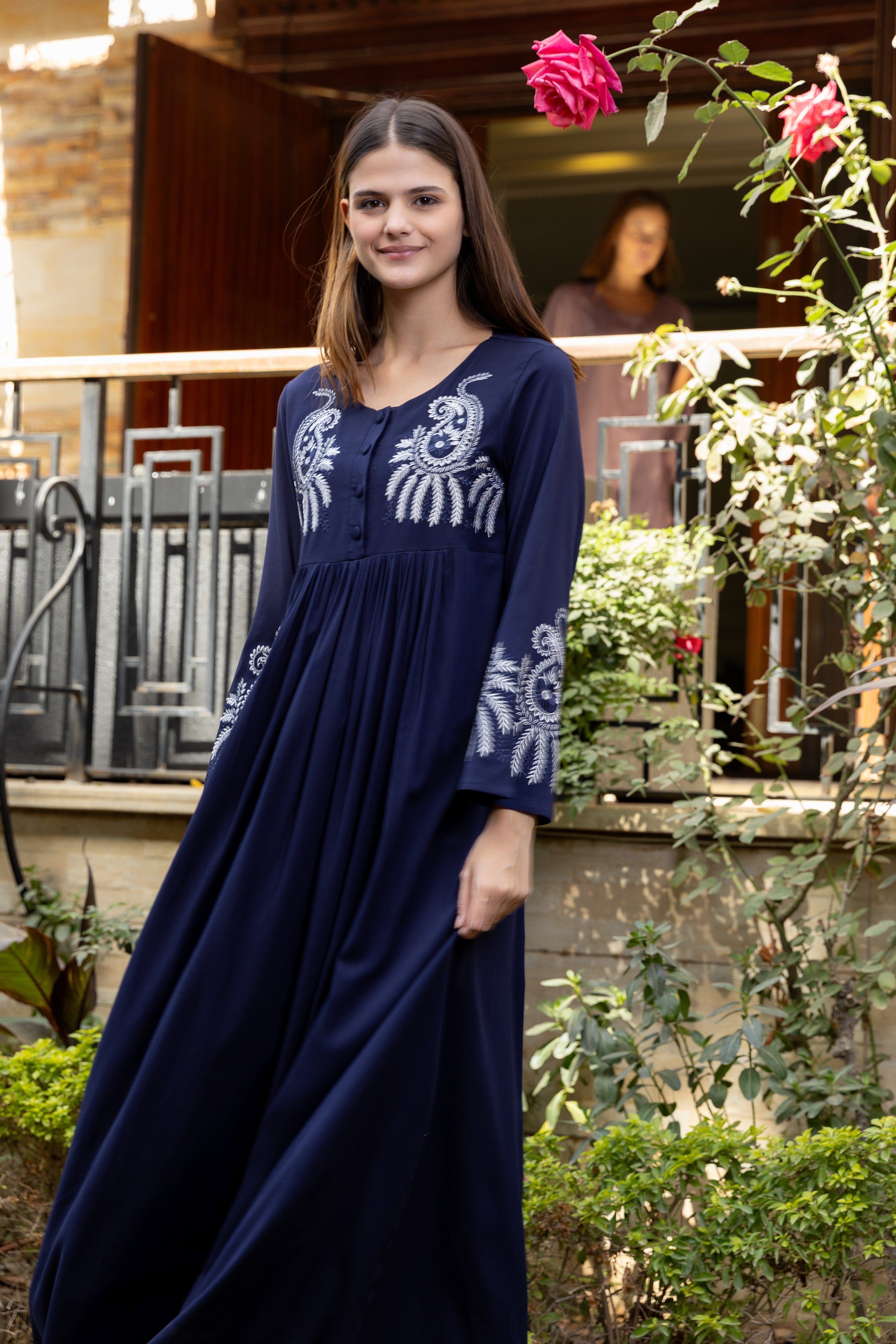 Embroidered Maxi Dress — Navy