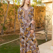 Leopard Print Viscose Cotton Lycra Caftan — Brown, Black & Golden Yellow