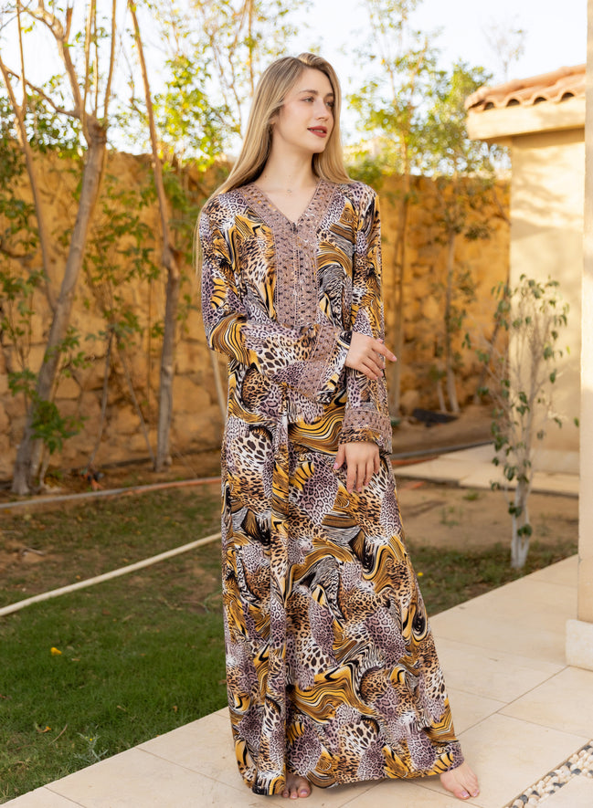 Leopard Print Viscose Cotton Lycra Caftan — Brown, Black & Golden Yellow