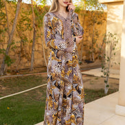 Leopard Print Viscose Cotton Lycra Caftan — Brown, Black & Golden Yellow