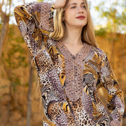 Leopard Print Viscose Cotton Lycra Caftan — Brown, Black & Golden Yellow