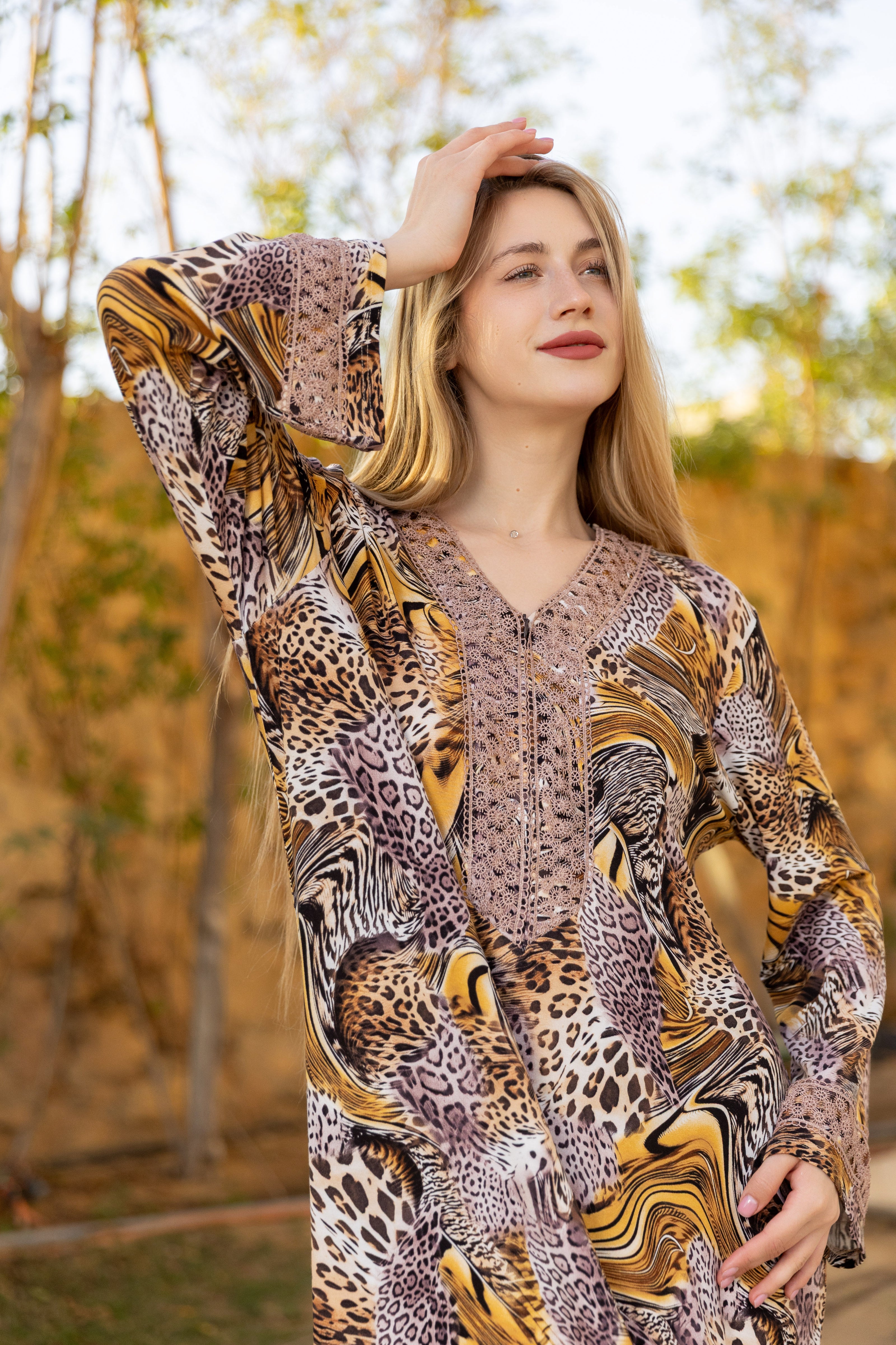 Leopard Print Viscose Cotton Lycra Caftan — Brown, Black & Golden Yellow