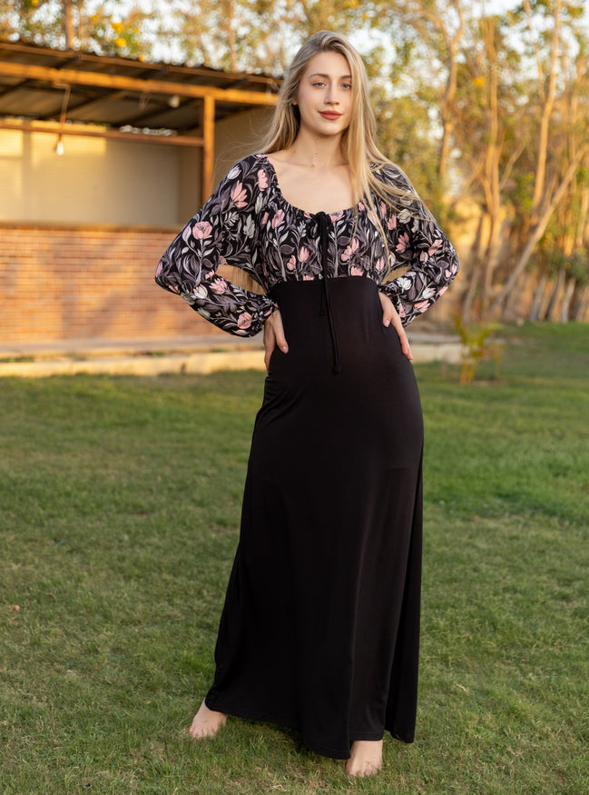 Maxi Dress — Black with Pink Floral Print