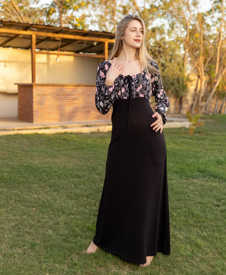 Maxi Dress — Black with Pink Floral Print