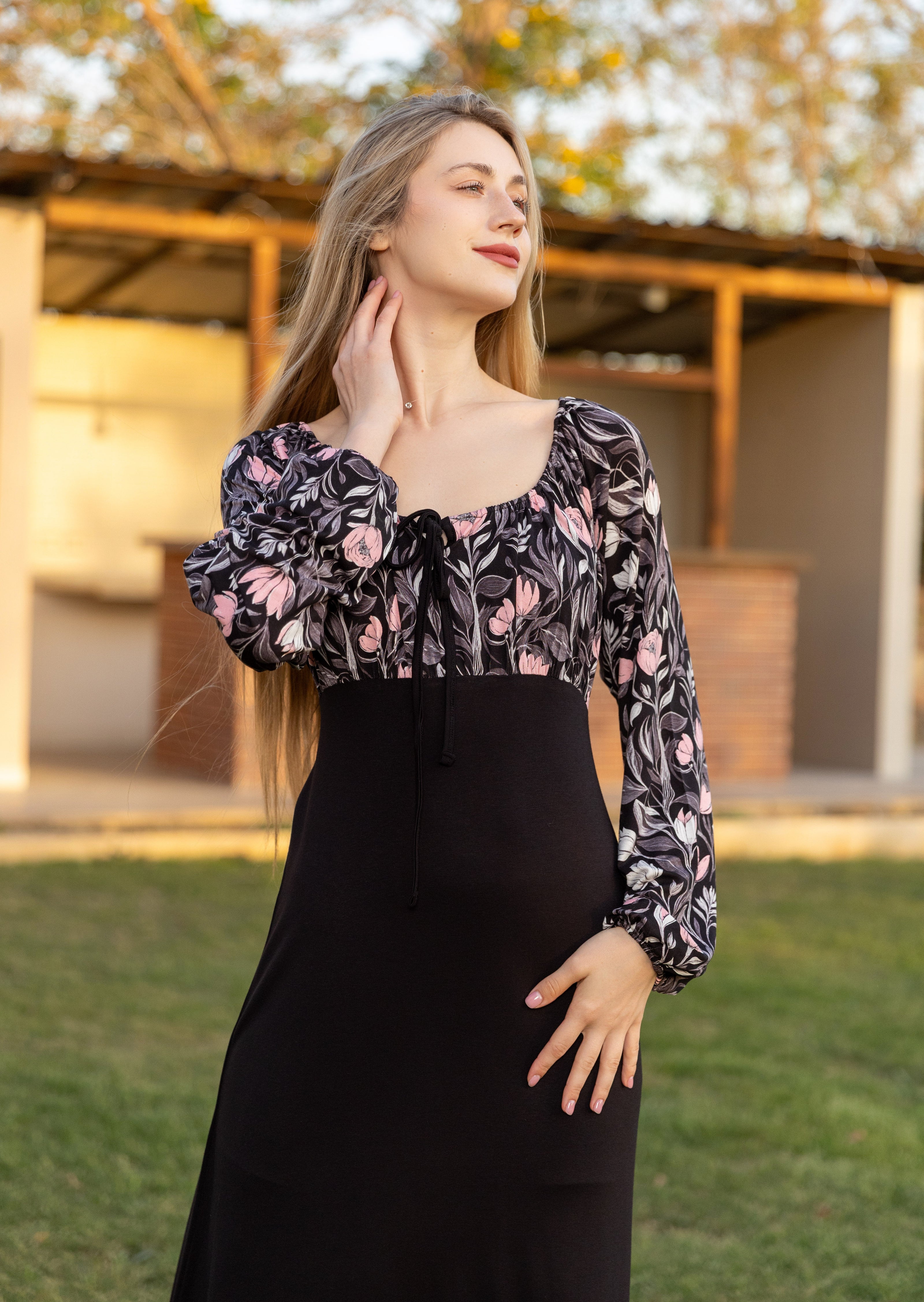 Maxi Dress — Black with Pink Floral Print