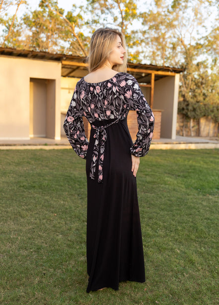 Maxi Dress — Black with Pink Floral Print
