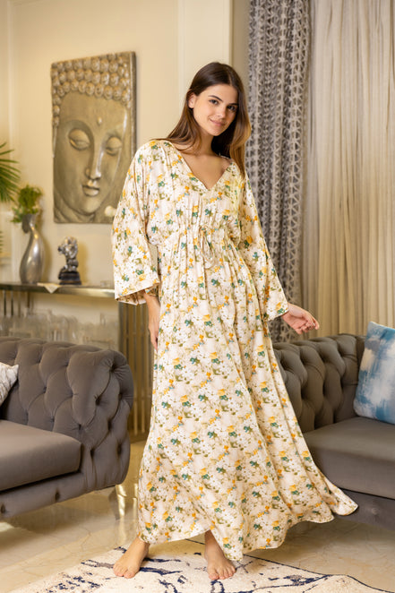 Floral Rayon Kaftan Dress — Cream Floral