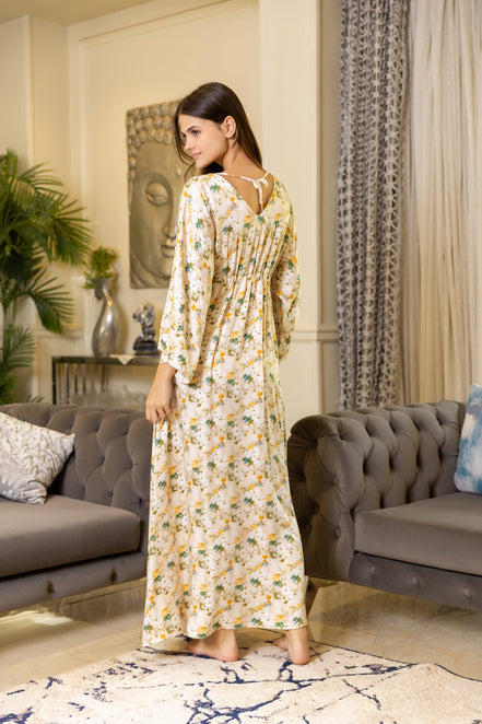 Floral Rayon Kaftan Dress — Cream Floral