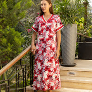 Floral Midi Nightdress with Lace Trim — Red & White