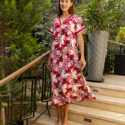 Floral Midi Nightdress with Lace Trim — Red & White