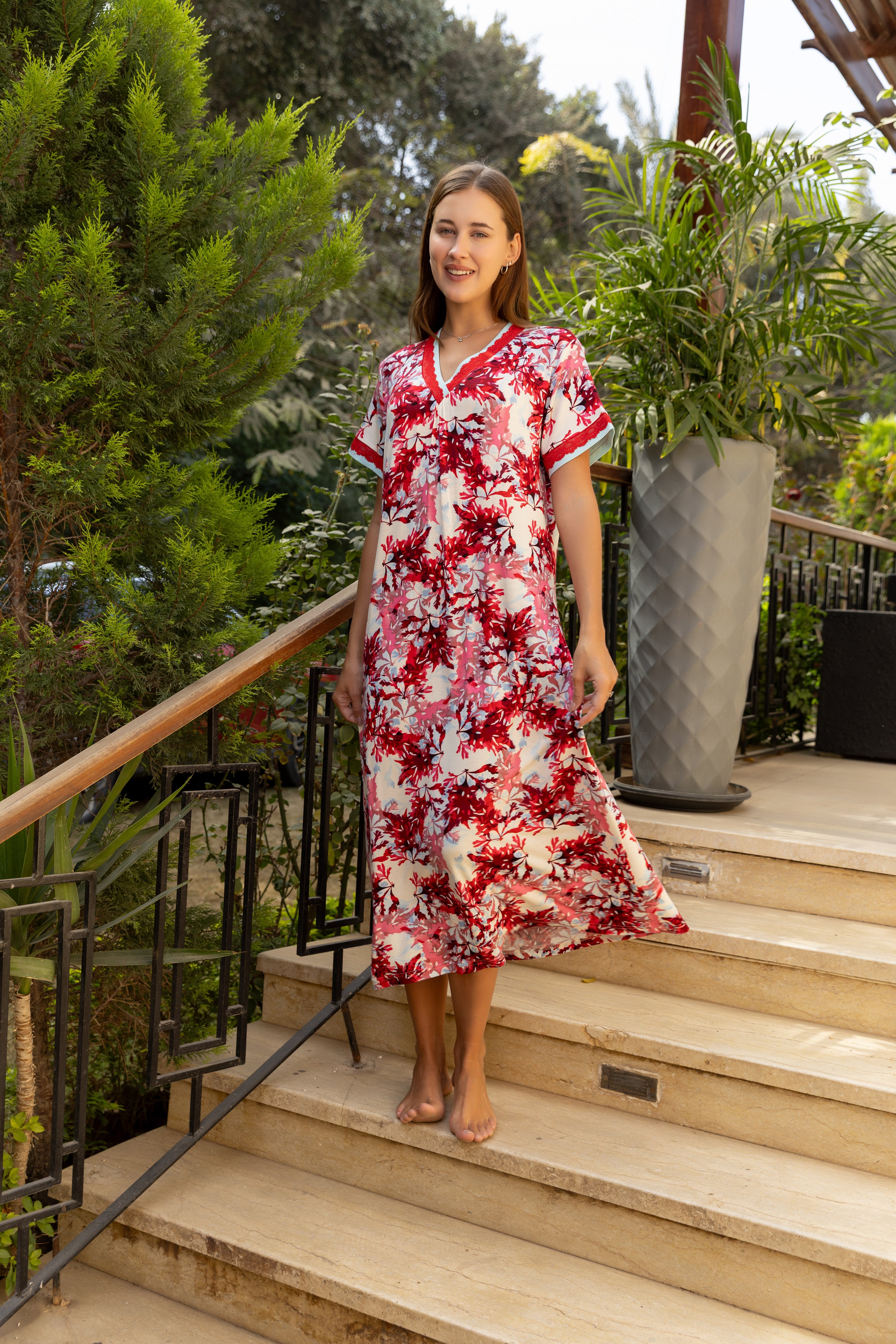 Floral Midi Nightdress with Lace Trim — Red & White