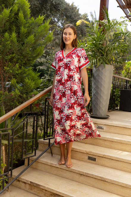 Floral Midi Nightdress with Lace Trim — Red & White