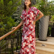 Floral Midi Nightdress with Lace Trim — Red & White