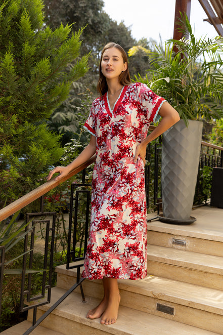 Floral Midi Nightdress with Lace Trim — Red & White